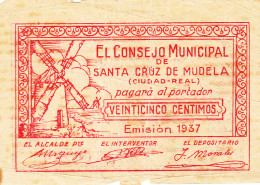 CRBL0089 BILLETE ESPAÑA CONSEJO MUNICIPAL STA CRUZ DE MUDELA 25 CTS 1937 - Sonstige & Ohne Zuordnung