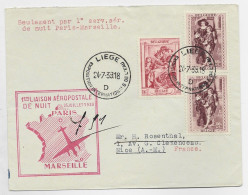 BELGIQUE 1FR+40C SURTAXE PAIRE  LETTRE COVER LIEGE 24.7.1939 TO FRANCE 1ERE LIAISON AEROPOSTALE NUIT - Brieven En Documenten