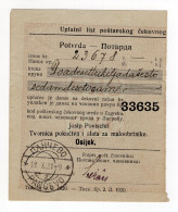 1930? MONEY ORDER FORM RECEIPT,PANCEVO TO OSIJEK,POSTAL SAVINGS BANK - Chèques & Chèques De Voyage