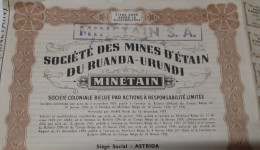 Société Des Mines D'Etain Du Ruanda - Urundi  Minétain - Part Sociale Au Porteur - Astrida - Bruxelles 1950. - Afrika