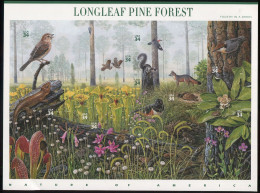 United States:USA:Unused Stamps Sheet Longleaf Pine Forest, Flowers, Animals, Birds, Frog, Turtle, Fox, Snake, 2002, MNH - Neufs