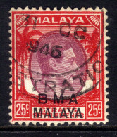 Malaya 1945 - 48 KGV1 25ct Purple & Scarlet BMA OVPT Used SG 13 ( L939 ) - Malaya (British Military Administration)