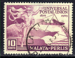 Perlis Malaya 1949 KGV1 10ct UPU Postal Union Used SG 3 ( E1265 ) - Perlis
