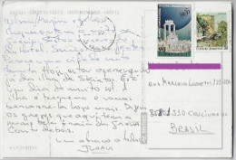 Greece 1990s Postcard Photo Santorini Sent To Criciúma Brazil Stamp Ruins Of The Tholos Of Delphi And Livadeia City - Storia Postale