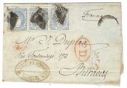 1872 - Lettre De SANTIAGO  Pour Bordeaux Affr. Bande De 3 Du 50 Mils - Briefe U. Dokumente