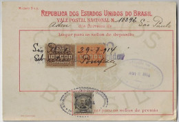 Brazil 1914 Money Order Sent From São Paulo To Salvador Bahia Vale Postal Stamp 5$000 10$000 Réis + Definitiva 300 Rs - Briefe U. Dokumente