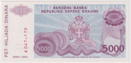 CROATIA , SERB KRAJINA 5 000 DINARA 1993 SERIAL ERROR , UNC - Croatie