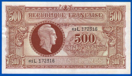 BILLET DU TRÉSOR 500 FRANCS MARIANNE TYPE 4 JUIN 1945 RÉPUBLIQUE FRANÇAISE N° 61 L 172316 (1 PLI + 2 TROUS) - 1943-1945 Marianne