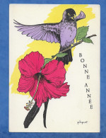 CPSM Bonne Année - Illustrateur P HUGUET Oiseau Bec D' Hirondelle Et Fleur D' Hibiscus  14 Cm/10 Cm - Huguet