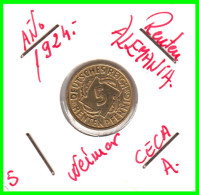 GERMANY REPÚBLICA DE WEIMAR 5 PFENNIG DE PENSIÓN (1924 CECA-A) MONEDA DEL AÑO 1923-1925 (RENTENPFENNIG KM # 32 - 5 Renten- & 5 Reichspfennig