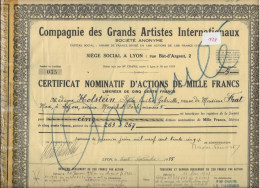 COMPAGNIE DES GRANDS ARTISTES INTERNATIONAUX -CERTIFICAT NOMINATIF D'ACTIONS DE 1000 FRS (DIVISE EN 1000 ACTIONS ) 1935 - Kino & Theater