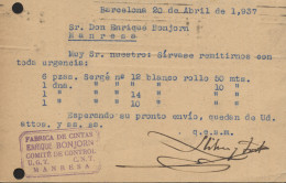 Tarjeta Circulada De Barcelona A Manresa, El 20/4/37. Al Dorso Marca "Fabrica De Cintas / Enrique Bonjorn - Marques De Censures Républicaines