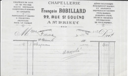 Facture 14x21 - Chapellerie François Robillard, Chapeaux De Soie Et Feutre - Saint-Brieuc (Côtes-du-Nord) 1909 - Textile & Clothing