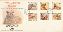 Zimbabwe FDC 10-10-1989 Endangered Species Complete Set Of 6 With Cachet - Zimbabwe (1980-...)