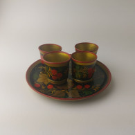 Vintage Khokhloma Wooden Set Of 4 Glasses And Tray Hand Painted Russia #5511 - Lepels