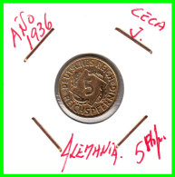 GERMANY REPÚBLICA DE WEIMAR 5 PFENNIG DE PENSIÓN ( 1936 CECA-J ) MONEDA DEL AÑO 1923-1936 (RENTENPFENNIG KM # 32 - 5 Renten- & 5 Reichspfennig