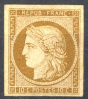 [* B/TB] N° 1, 10c Bistre-jaune, Belles Grandes Marges Et De La Plus Grande Fraîcheur. Signé Roig - Timbre Restauré. Asp - 1849-1850 Ceres