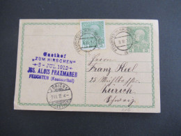 Österreich 1912 GA Auslandsverwendung Stempel Feuchten Im Kaunsbergthal U. Gasthof Zum Hirschen Nach Zürich Schweiz - Briefkaarten