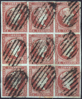 ESPAGNE - ESPAÑA - 1855 Ed.40 4cu Rojo - Bloque De 9 Usado Parilla Negra (fil. Lazos) - Used Stamps