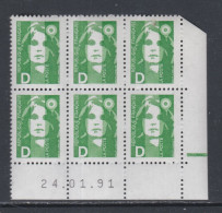 France N° 2711 XX Marianne De Briat  D Vert En Bloc De 6 Coin Daté Du 24 - 01 - 91 ;  1 Barre ;  Sans Charnière TB - 1990-1999