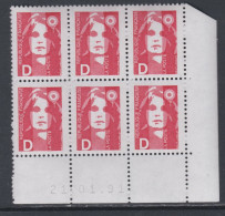 France N° 2712 XX Marianne De Briat  D Rouge En Bloc De 6 Coin Daté Du 21 - 01 - 91 ;  Sans Charnière TB - 1990-1999