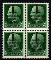 ITALIA RSI - 1944 - SERIE IMPERIALE CON SOVRASTAMPA - 25 CENT. - IN QUARTINA - SENZA GOMMA - Mint/hinged