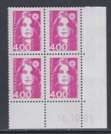 France N° 2717 XX Ma. De Briat 4 F. 00 Rose En Bloc De 4 Coin Daté Du 16 - 10 - 91 ;  Sans Charnière, TB - 1990-1999