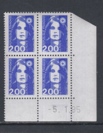 France N° 2906 XX  Briat 2 F.00 Bleu En Bloc De 4 Coin Daté Du 5 - 1 - 95 ; 2 Traits, Gomme Légèrement Altérée Sinon TB - 1990-1999
