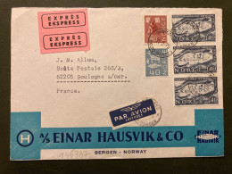 LETTRE EXPRES EINAR HAUSVIK & CO Par Avion Pour FRANCE TP NORGES GEOGRAFISKE OPPMALING 1,40 X3 +80+40 OBL.21 2 75 BERGEN - Brieven En Documenten