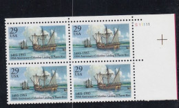 Sc#2805, Columbus' Landing In Puerto Rico 500th Anniversary 1993 Issue 29-cent Stamp Plate # Block Of 4 - Numéros De Planches