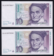 BRD: 2x 10 Deutsche Mark 1.10.1993 - Serie GL/S Mit Laufender KN - 10 Deutsche Mark