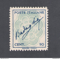 1944 Luogotenenza - Firma Di Badoglio In Cornice - 50 Cent Azzurro E Celeste N° - Andere & Zonder Classificatie