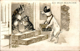 Chromo Au Bon Marché SIT-10 - N°12 Chats Et Chien Commis Gatti E Cane Commesso Chien Dog Cane Chat Cat Gatto B.E - Au Bon Marché