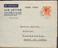 1949. HONG KONG. AIR LETTER Georg VI FORTY CENTS To Malmslätt, Sweden Via London Cancelled KOWLOON HONG KO... - JF543285 - Postwaardestukken