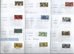 Série Complète De 12 Timbres Autoadhésifs "Fleurs Et Papillons" Sur Enveloppes Entières - Briefe U. Dokumente