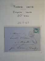 DK0 FRANCE  BELLE LETTRE RARE 1867 ETOILE N°2 SUR N°29 TIMBRE CARRé PIQUETAGE DE PARIS+VU BEHR.DISPERSION DE COLLECTION+ - 1863-1870 Napoléon III Con Laureles