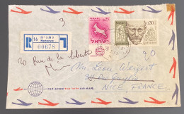 ISRAEL 1963 Rec-Letter From NETANYA To NICE France With 2 Stamps (Caprkornus With Tab) - Usati (con Tab)