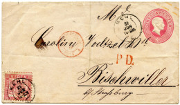 ALLEMAGNE - 3 KR SUR ENTIER DREI KREUZER DE KEHL POUR BISCHWILER RAYON FRONTALIER, 1867 - Storia Postale