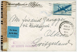 Vereinigte Staaten / USA 1943, Air Mail Transatlantic Clipper Philadelphia-Olten (Schweiz), Return No Service Available - Briefe U. Dokumente