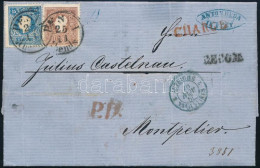 1860 Ajánlott Levél Franciaországba 10kr + 15kr Bérmentesítéssel, A Hátoldali Bélyegek (21kr) Hiányoznak "PESTH / Abends - Andere & Zonder Classificatie