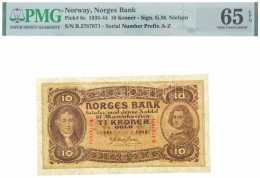 Norvégia 1942. 10Kr "B2787971" Eredeti, De Levágott PMG Csíkkal T:65 (I-) Gémkapocs Nyoma  Norway 1942. 10 Kroner "B2787 - Non Classés