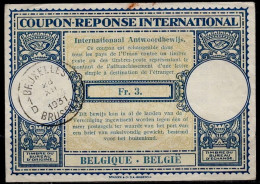 BELGIQUE BELGIE BELGIUM 1931, Lo9 Fr. 3. International Reply Coupon Reponse Antwortschein IAS IRC  O BRUXELLES 28.12.31 - Internationale Antwortscheine