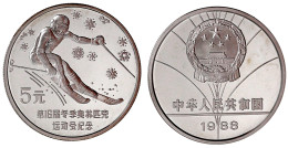 5 Yuan Silber 1988. Olympiade Calgary, Abfahrtsläufer. In Kapsel Mit Zertifikat. Polierte Platte, Etwas Angelaufen. Krau - Chine