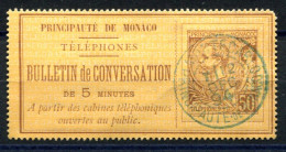 RC 27184 MONACO COTE 570€ N° 1 TIMBRE TÉLÉPHONE 50c BRUN SUR JAUNE OBLITÉRATION DE 1894 EN BLEU ( VOIR DESCRIPTION ) - Telefono