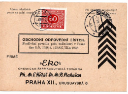 63281 - Deutsches Reich / Böhmen Und Mähren - 1939 - Unfrank AntwKte ROUDNICE -> PRAHA, M 60h CSR-Portomke - Covers & Documents