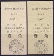 CHINA CHINE CINA 1993.6.30 ANHUI TAIHU 246400 ADDED CHARGE LABEL (ACL) ) 0.10 YUAN X 2 VARIETY & Paper Is Different - Altri & Non Classificati