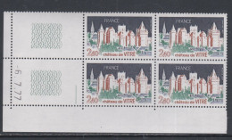 France N° 1949 XX Château De Vitré En Bloc De 4 Coin Daté Du 6 . 7 . 77 ; 1 Trait Sans Charnière, TB - 1970-1979