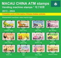 Macau China ATM Stamps 2013-2024, Complete Collection Of All 12 Chinese Zodiac Animals - Klüssendorf Type - Automaten