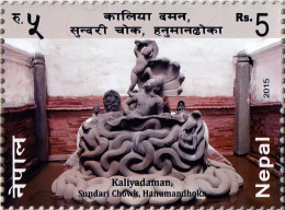 Lord Krishna Kaliyadaman Carving Stamp 2015 Nepal - Hinduism