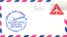 USA ETATS UNIS 1ER VOL DELTA AIRLINES GREENSBORO-HIGH POINT-WINSTON 1970 - Event Covers